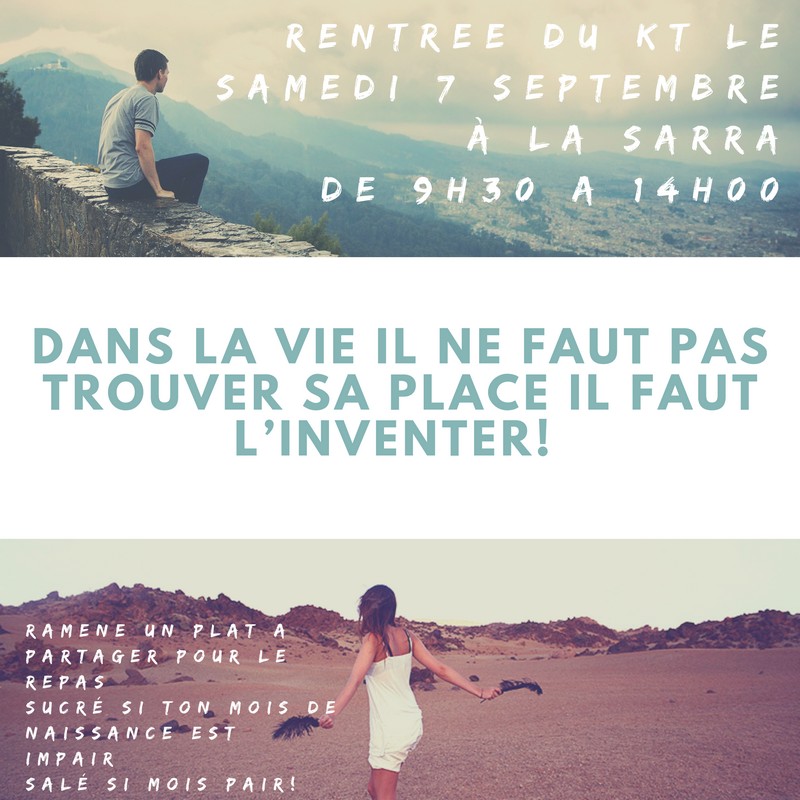 Rentrée du KT pour les Lycéens le Samedi 7 Septembre 2019, de 9h30 à 14h00