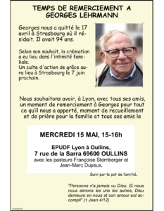 Temp de remerciement pour Georges LEHRMANN le 15 Mai
